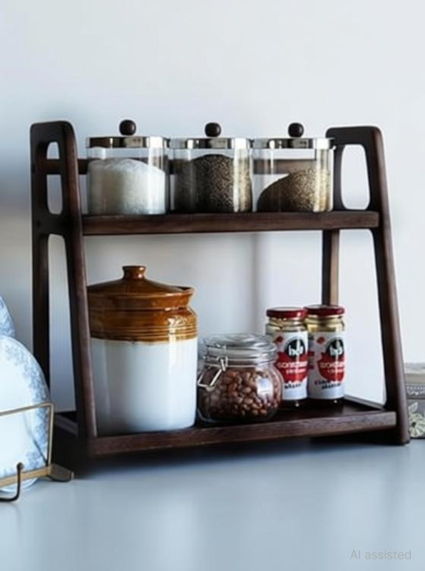 Deligno Mart Containers Kitchen Rack Wood 2 Tier Wooden Rack for Kitchen Countertop Multipurpose Organizer Dark Brown