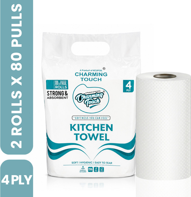 Kcofoil Charming Touch Kitchen Towel Roll 100% Virgin Pulp Pack of 2(4 Ply, 160 Sheets)