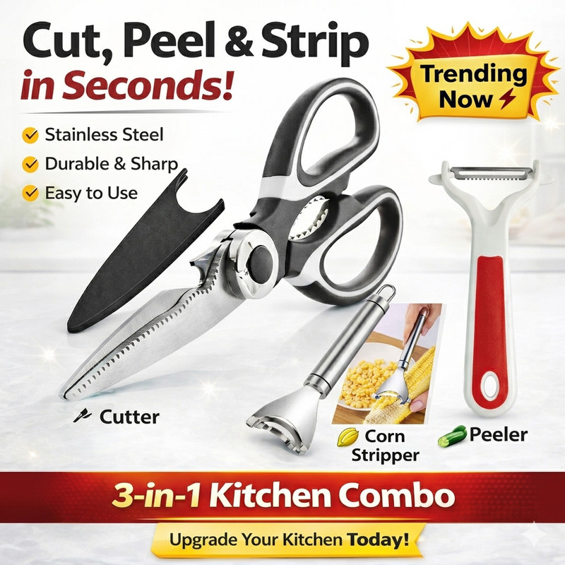 Urbannbay Combo set of Kitchen Scissor+Corn Stripper+Vegetable Peeler*(1 pc Each) Stainless Steel All-Purpose Scissor(Silver, Black, Steel, Pack of 1)