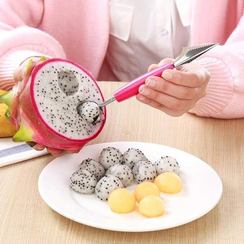 PAVITYAKSH 2 in 1 Melon Baller Scoop and Slicer Stainless Steel Fruit Carving Tool Kitchen Scoop