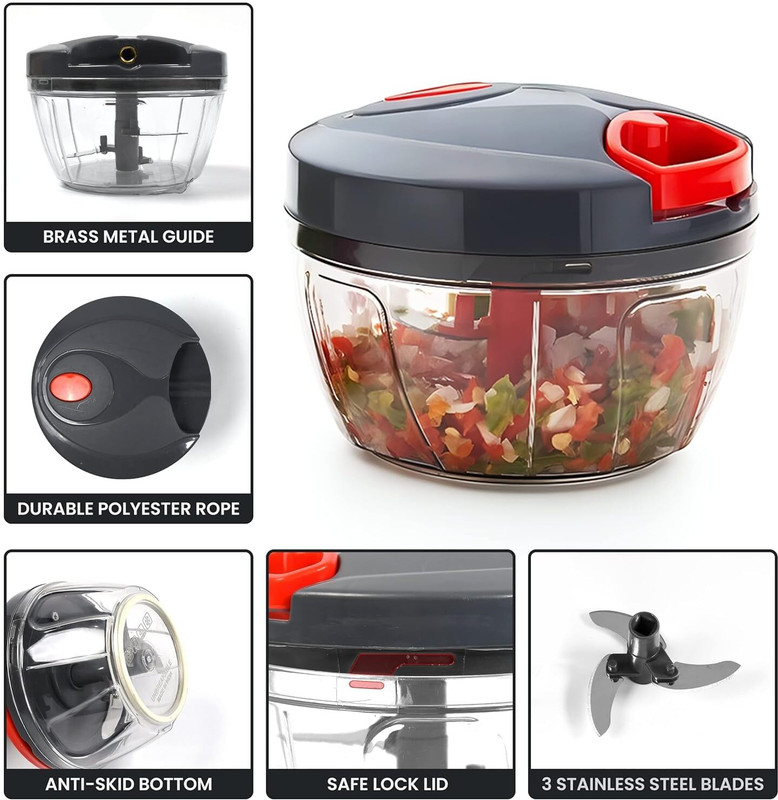 Abduenterprise Manual Food Chopper with 3 Blades, 450 ML Capacity, Grey and Red Analog Kitchen Timer