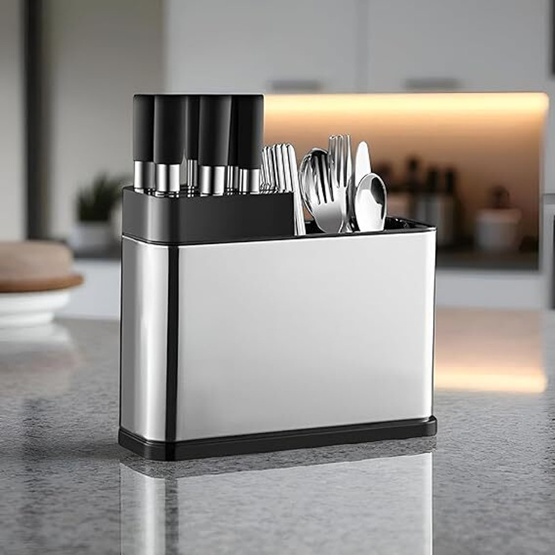 CYOFQD 3 Compartment Knife and Cutlery Holder for Kitchen with Drain Hole Analog Kitchen Timer