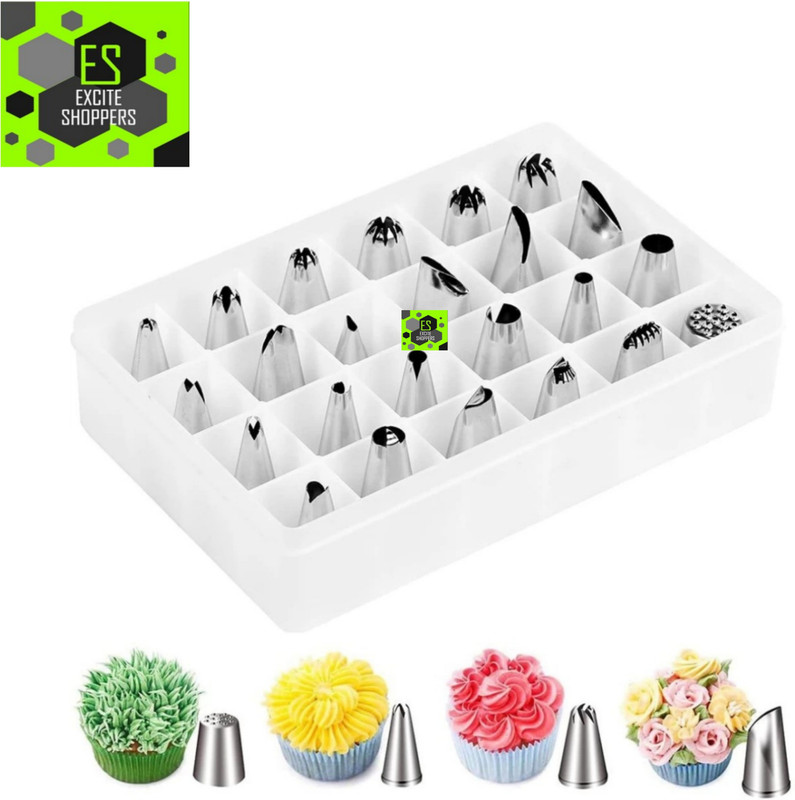 Excite Shoppers Quality Steel 24 pcs Cakes Nozzles for Cupcakes Cookies or Whipped Cream Stainless Steel Multi-opening Icing Nozzle(Silver Pack of 24)