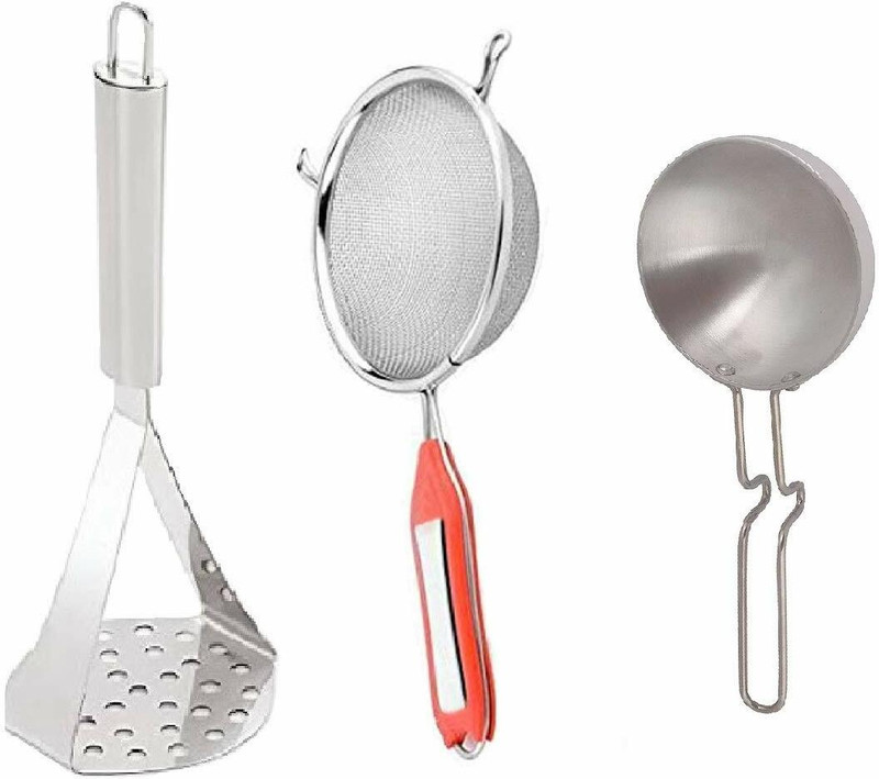 WokHouse combo of steel masher with strainer and tadka pan Kitchen Tool Set(Masher, Strainer, Ladle)