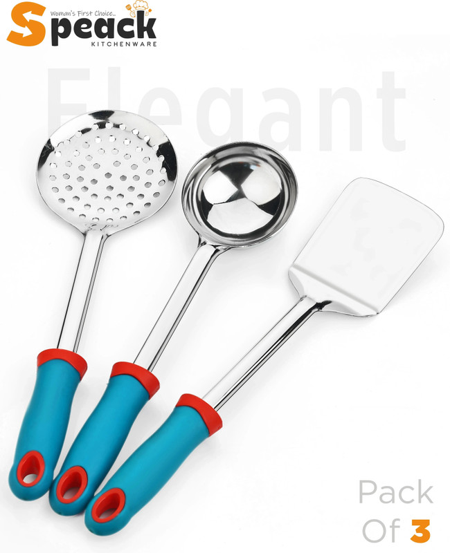 SPEACK 6-Piece Stainless Steel Cooking Spoon Set - Heat Resistant Kitchen Tool Set(Blue, Red, Ladle, Spatula, Cooking Spoon, Skimmer)