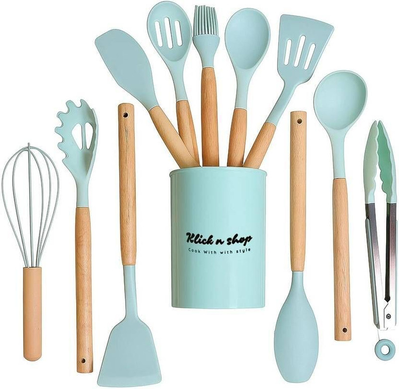 HITHIKA IMPEX Kitchen Spatula Set 12 Pcs Non Stick Wooden Handle Kitchen Tool Set(Blue,Brown, Spatula, Baking Tools, Whisk, Brush)