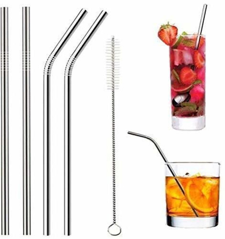 Rhydin Stainless Steel Drinking Straws (2 Bend and 2 Straight and 1 Cleaning Brushes) Kitchen Tool Set(Silver, Juicer)