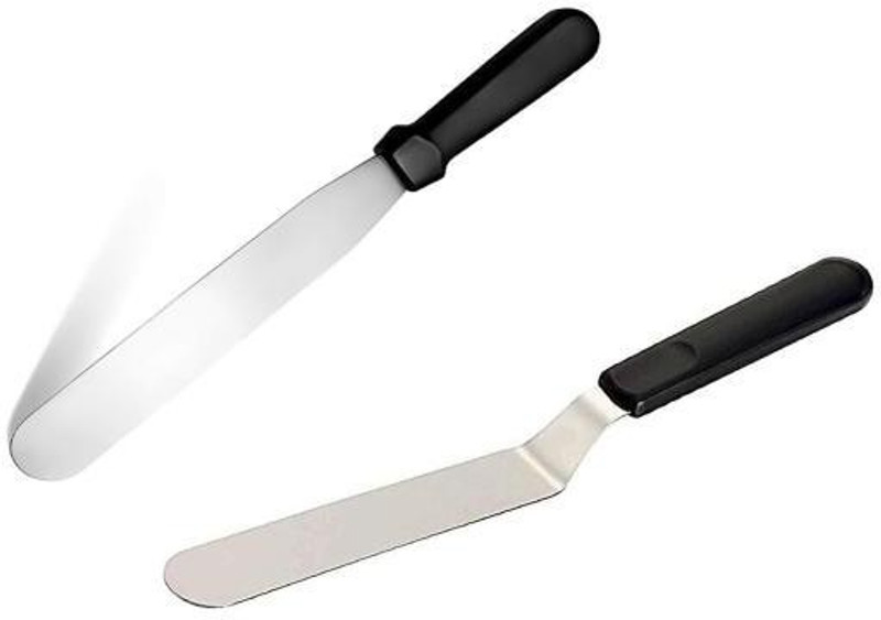 ALAMDAAR Combo of 2-in-1 Multi-function Non-Stick Spatula and Angular Stainless Steel Palette Bend Knife | Cake Icing Spatula Knife Set of 2 Pieces | Kitchen Tool Set – Black Non-Stick Spatula(Pack of 2)