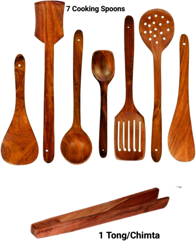 LUNATIC CRAFTWORK Non Chemical lovers Brown yellowish + Wooden Tong/Chimta Kitchen Tool Set(Brown, Cooking Spoon, Baking Tools, Tong, Spatula, Ladle, Roaster)