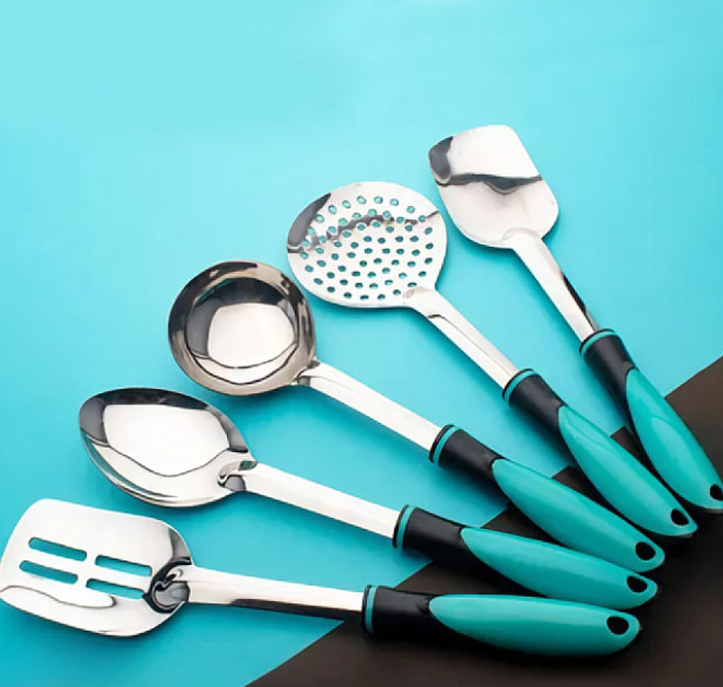 YUMWARE 5-Piece Stainless Steel Cooking Spoon Set � Heat Resistant Kitchen Tool Set(Multicolor, Ladle, Spatula, Cooking Spoon, Skimmer)