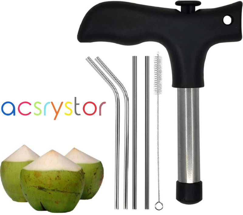 acsrystor Coconut Opener and Steel Straw Combo with Cleaning Brush Kitchen Tool Set(black,Silver, Opener)