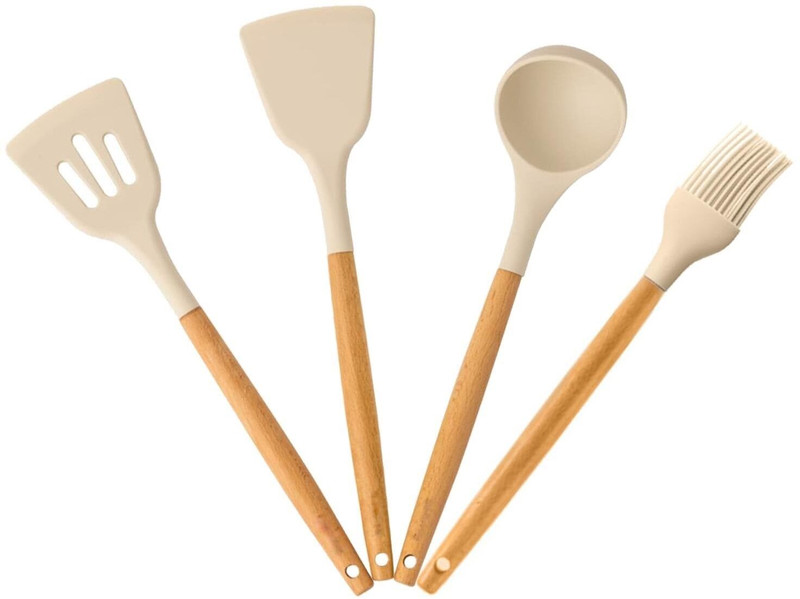 KPTON Non-Stick Silicone Cooking Utensils Set with Wooden Handle Cooking Spoons Kitchen Tool Set(Cream, Spatula, Brush)