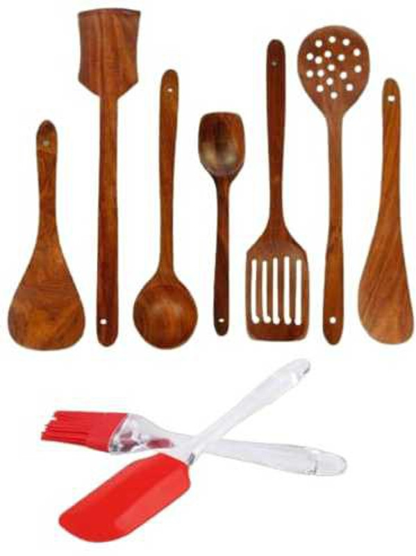 Elipkart SmartBuy Wooden Cooking Spoon Kitchen Utensil Set Wooden, Silicone Serving Spoon Set(Pack of 9)