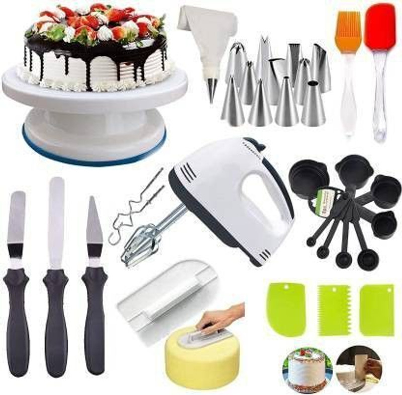 Greenstone Plastic Cake Decoration Tools and Baking Set - (1 Cake Table+ 3 pcs Scrapper+ 12 Pieces Cake Nozzle+ 3 in 1 Knife Knifes+ High speed scarlet beater + silicon brush/spatula set +cake police tools for smoother + 8 pcs measuring spoon set for combo Kitchen Tool Set(Multicolor, Baking Tools)