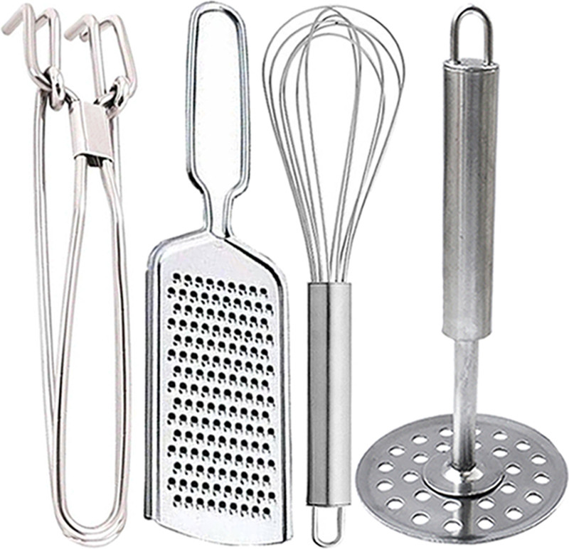 DreamBasket Stainless Steel Pakkad & Grater & Whisk & Potato Masher Kitchen Tool Set(Silver, Tong, Grater, Whisk, Masher)