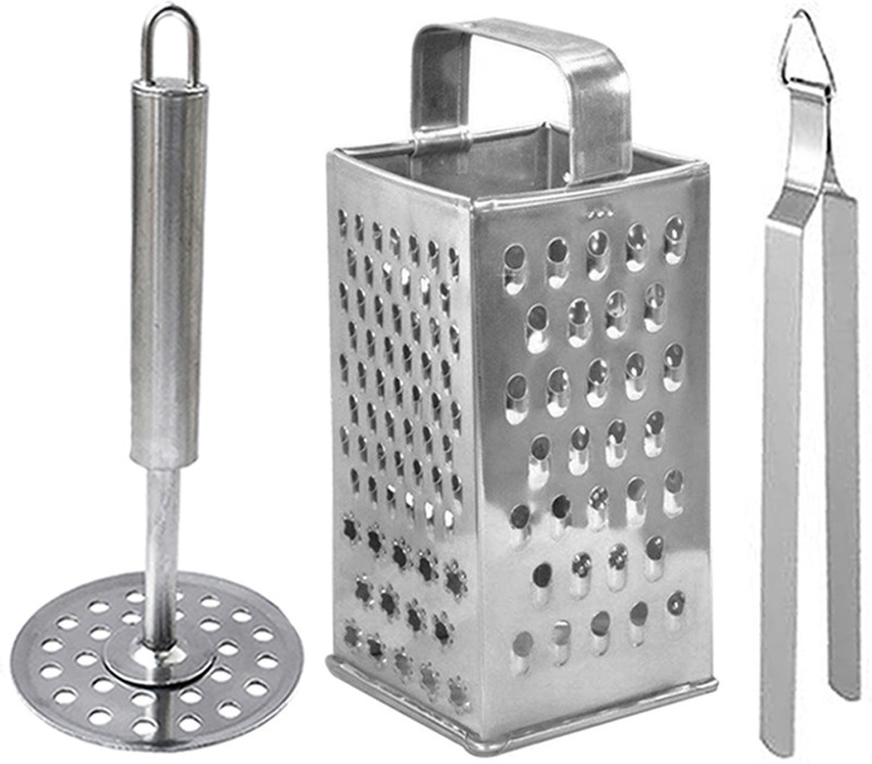 OC9 Stainless Steel Grater & Potato Masher & Roti Chimta Kitchen Tool Set(Silver, Grater, Tong, Masher)