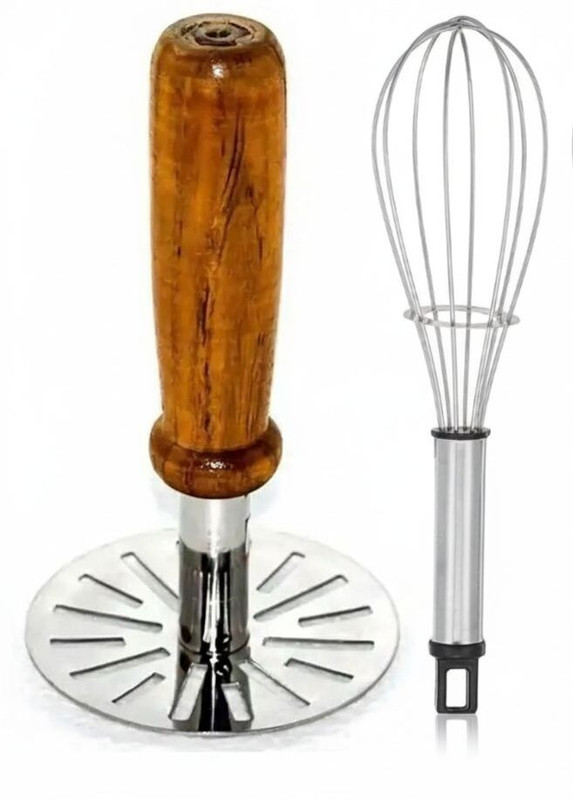 JAMTRUS Potato mash। Wood masher। Masher। Whisker। Pav bhaji masher। Egg mixer Wood, Stainless Steel Masher(Pack of 2)