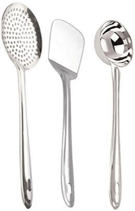 BARTANMART 1 Karchi, 1 Skimmer, 1 Spatula Kitchen Tool Set(Silver, Ladle, Skimmer, Cooking Spoon)