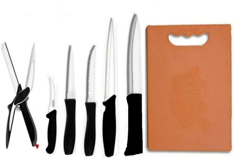 R K ENTERPRISE Knife set SS with Chopping Board Knife set 5 and Chopping/cutting board(FIBER) Kitchen Tool Set(black ,orange, Knife, Cutting Board)