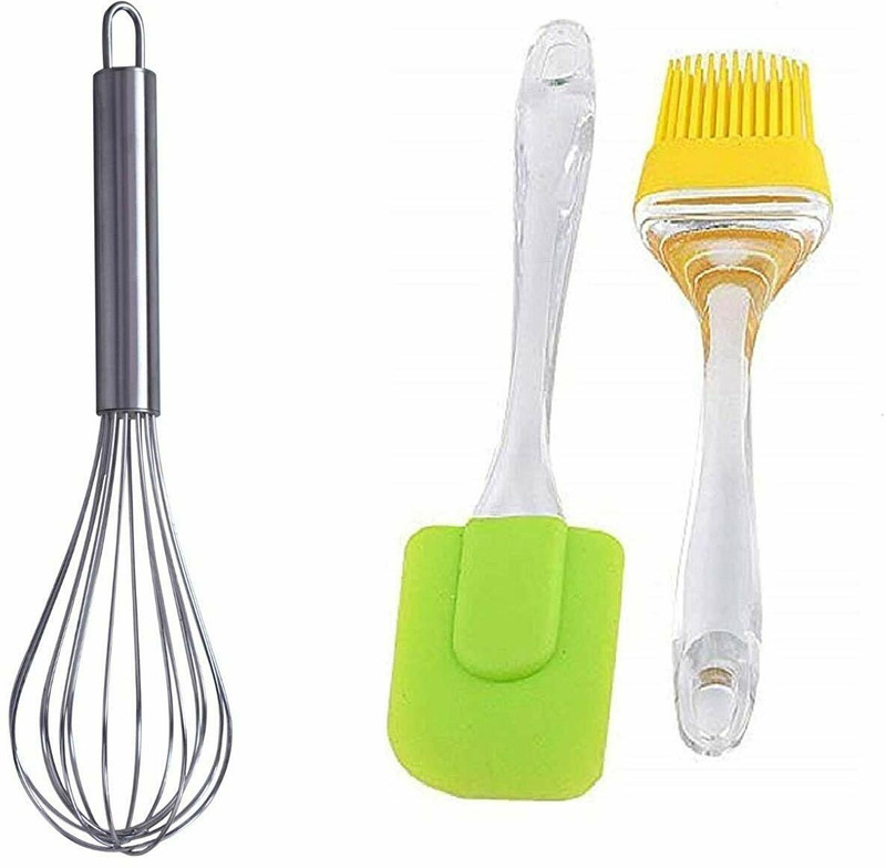 Kamview Combo of one stailess steel Whisk and one Set of silicone Spatula and Oil Brush Kitchen Tool Set(Whisk, Brush, Spatula)