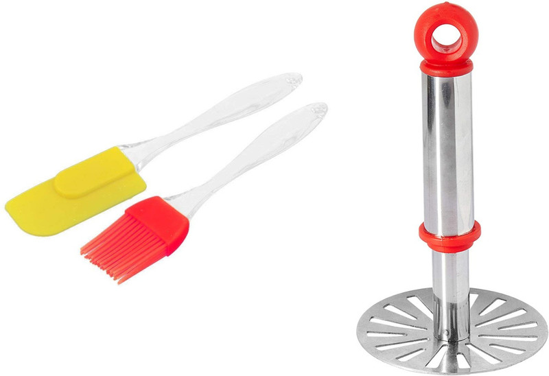 OMORTEX Stainlees Steel Pav Bhaji Vegetable Masher(Pack Of 3) Kitchen Tool Set(Multicolor, Masher, Brush, Spatula)