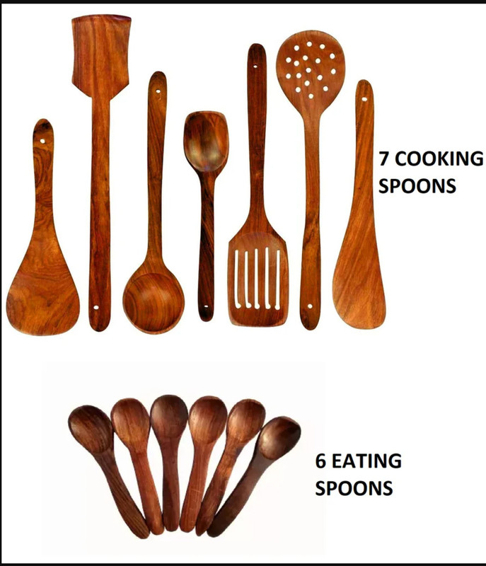 LUNATIC CRAFTWORK Natural Wooden Spoon Set For Cooking Includes Frying Serving Spatula Set Of 13 Kitchen Tool Set(Brown, Cooking Spoon, Spatula, Ladle, Baking Tools)