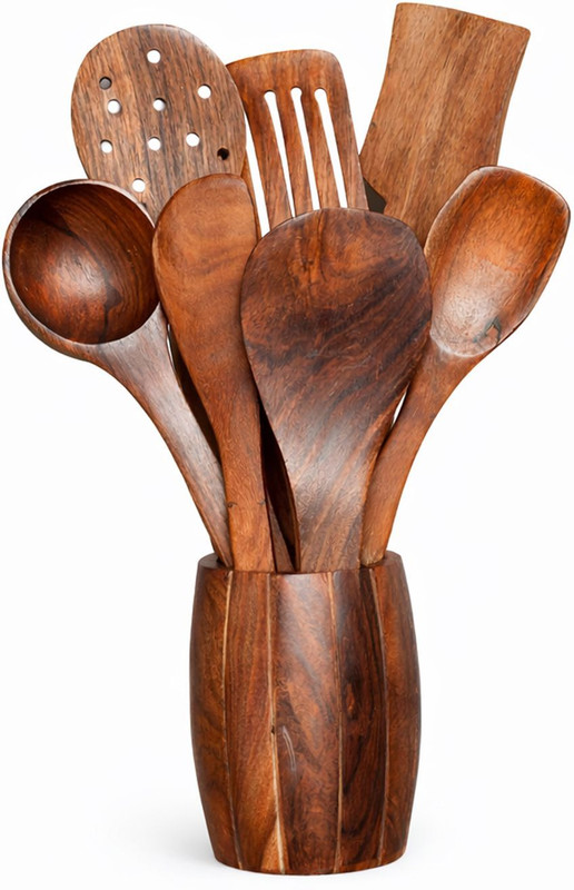 Signamio 7pcs Wooden Spoons for Cooking, Wooden Utensil Set with Holder - Set of 7 Kitchen Tool Set(Brown, Spatula, Strainer, Cooking Spoon, Ladle, Skimmer)