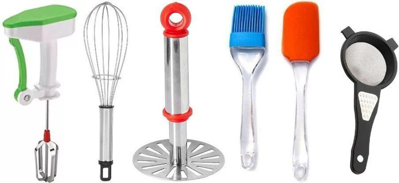 OMORTEX Masher, Spatula With Brush & 2 in 1 Strainer-Greater (Pack Of 6) Kitchen Tool Set(Blender, Whisk, Masher, Spatula, Brush, Strainer)