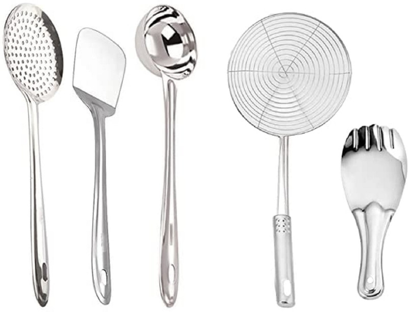PuthaK Stainless Steel Cooking and Serving Spoon Set for Kitchen, Set Of 5 Kitchen Tool Set(Silver, Cooking Spoon)
