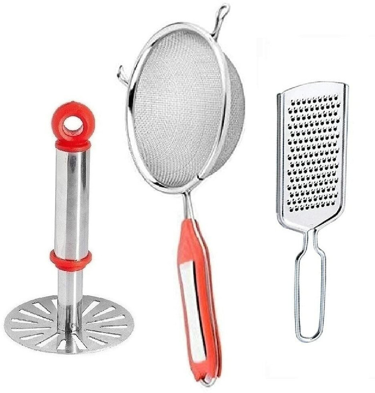 WokHouse combo of one plastic handle strainer with one cheese grater and masher Kitchen Tool Set(Masher, Strainer, Grater)
