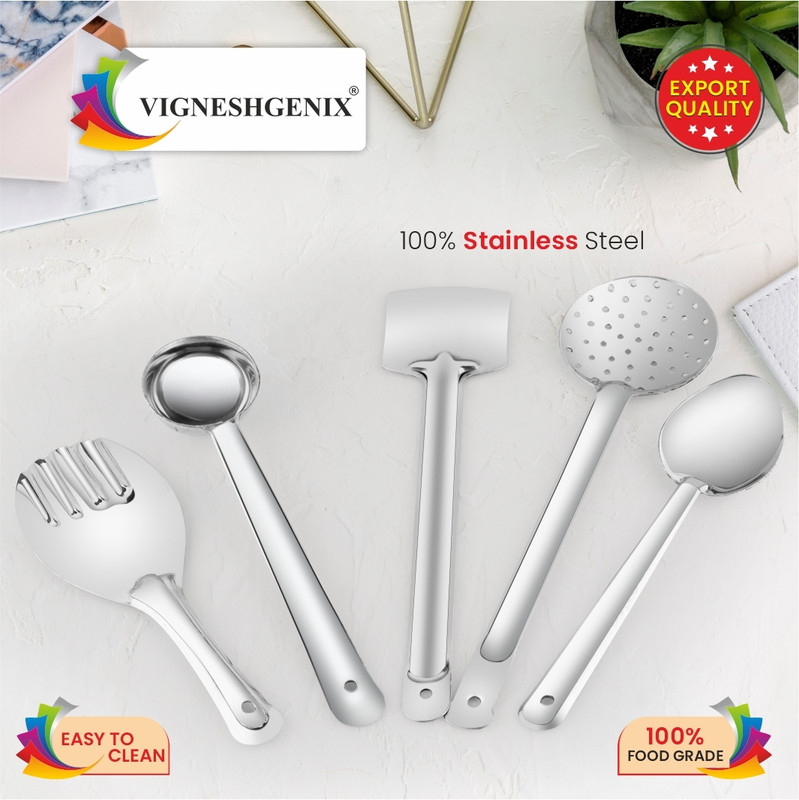Vigneshgenix Combo of 5 Pcs Stainless Steel Ladles/Chamcha Set | 5 Pcs Set Cookware Set(Stainless Steel, 5 - Piece)