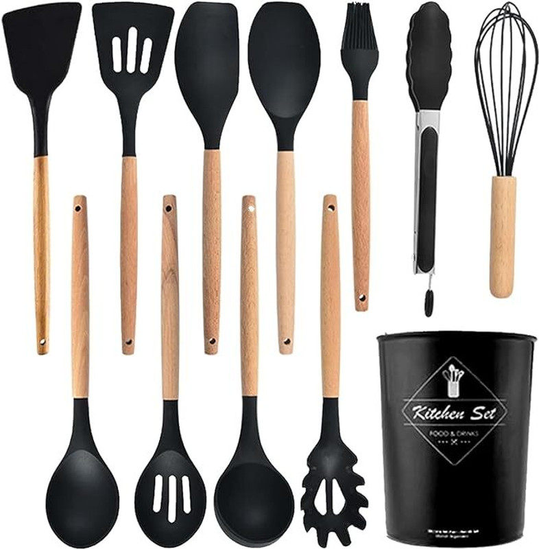 SKYTONE 12 Pcs Black Spetuala Kitchen Tool Set(Black, Brush, Cooking Spoon, Ladle, Scooper, Skimmer, Spatula, Tong, Whisk)