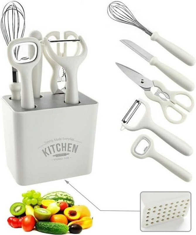 vedvit 6 Pc Plastic, Stainless Steel Knife Set Kitchen Gadgets Set - Knife, Whisk, Bottle Opener, Peeler, Scissor With Stand