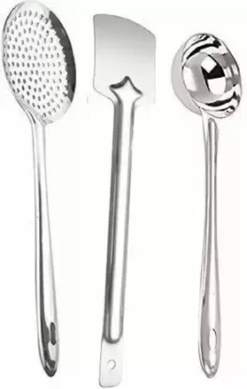 FuerDanni Smart Kitchen Tools Heavy Quality Easy To use For Daily Purpose Pack Of 3 Kitchen Tool Set(Silver, Cooking Spoon, Spatula, Skimmer, Ladle)