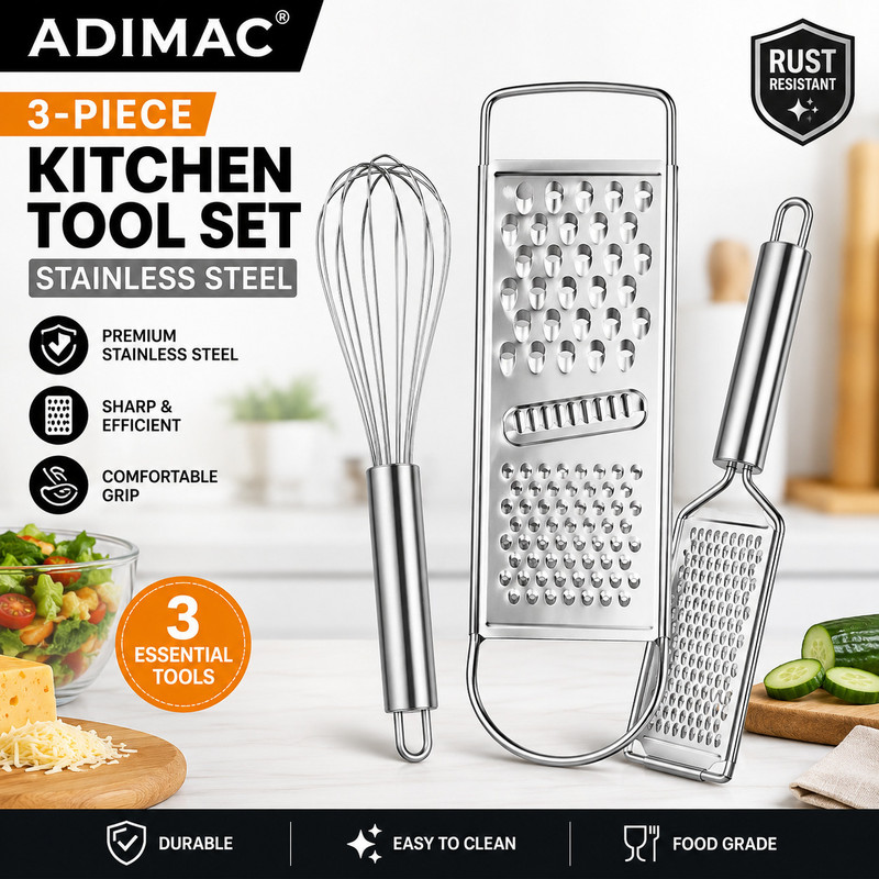 Adimac 3-Piece Stainless Steel Grater & Whisk Set Kitchen Tool Set(Silver, Whisk, Grater, Grater)