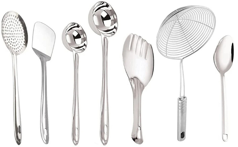 PuthaK Stainless Steel 7 Pcs Premium Cooking Utensils for Home & Restaurant Use Kitchen Tool Set(Silver, Cooking Spoon)