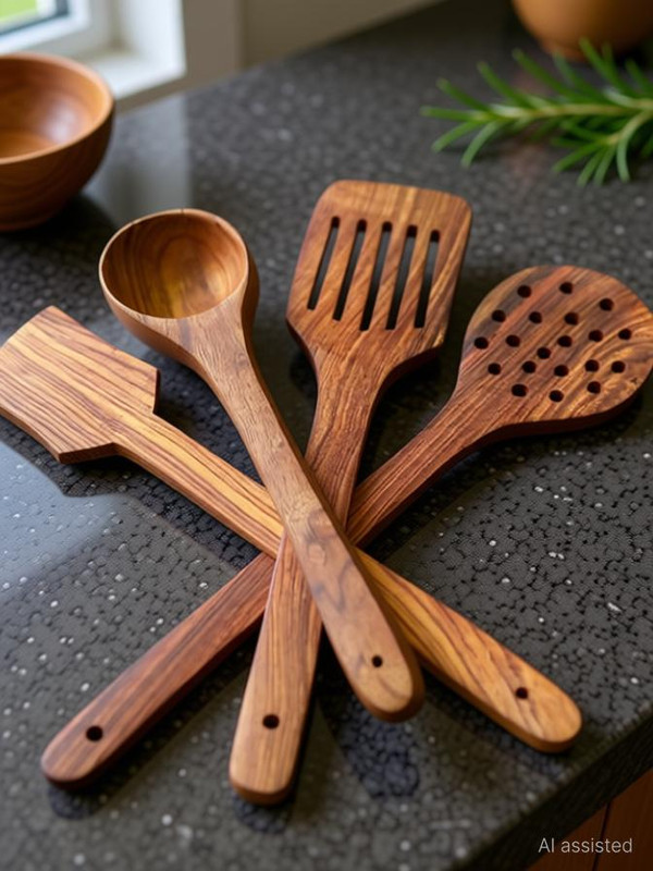 SRE Premium Non Chemical Wooden Spatula Non Stick Cooking Spoons Set of 4 Kitchen Tool Set(Brown, Spatula, Ladle, Cooking Spoon)