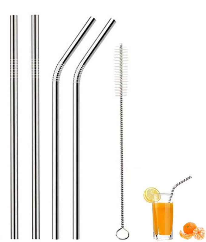 VREPPEN Stainless Steel Straws for Kids & Adults with Cleaning Brush 2 Straight & 2 Bent Kitchen Tool Set(Silver, Brush)