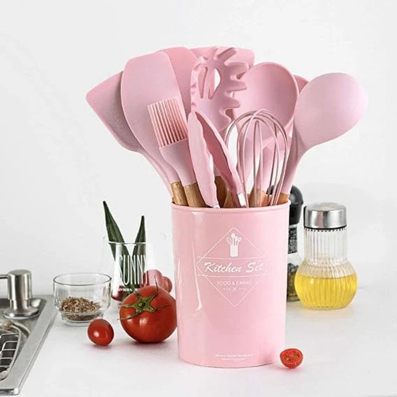 MMTSWorld Silicone Kitchen Spatula and Utensils Spoon Set Cooking Kitchen Tool Set(Pink, Brush, Cooking Spoon, Ladle, Tong, Whisk, Spatula)