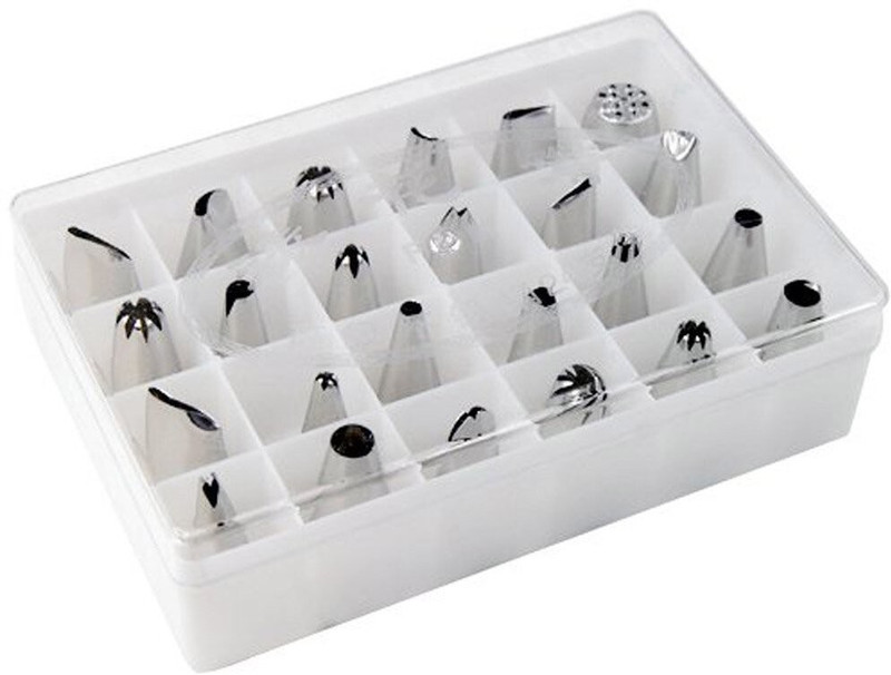 Mass Pro Bakeware 24 Pc Cupcake Decorating Nozzle with Storage Box Stainless Steel Piping Cream Frosting Nozzles Set/Icing Tips Cake Cupcake Muffin Decorating Tool Kitchen Tool Set(Silver, Baking Tools)