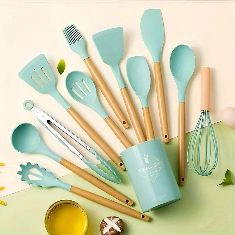 SRBKfashion 12PCS Kitchen Utensil Set Silicone Cooking Utensils Kit Heat Resistant Wooden Kitchen Tool Set(Green, Spatula, Whisk, Brush)