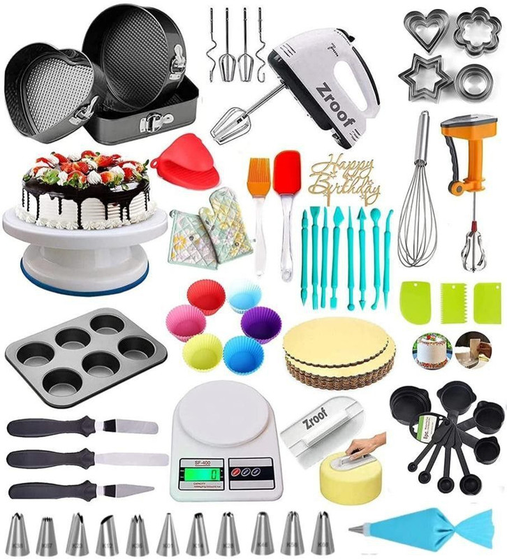 Vithani All In One cake making materials Combo (BIGGEST SET) Kitchen Tool Set(Multicolor, Baking Tools, Blender, Brush, Cooking Spoon, Cutting Board, Juicer, Knife, Knife, Measuring Jug, Glove, Spatula, Whisk, Food Clips)