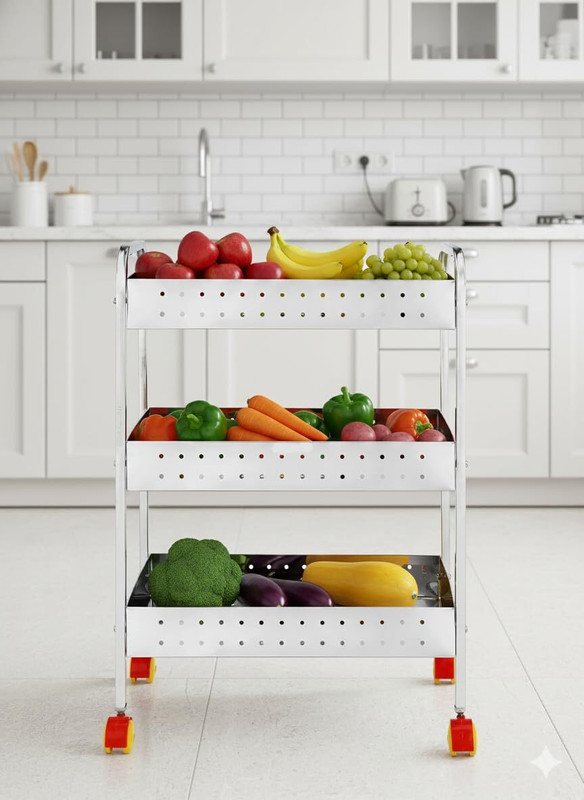 VBEST Stainless Steel 3Layer Fruit Vegetable Trolley with Wheel Rust-Resistant Kitchen Stainless Steel Kitchen Trolley(Pre-assembled)