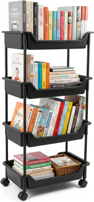 DM PLUS 4-Tier Multipurpose Storage Trolley with Wheels Black Heavy Duty Rack for Office Plastic Kitchen Trolley(DIY(Do-It-Yourself))