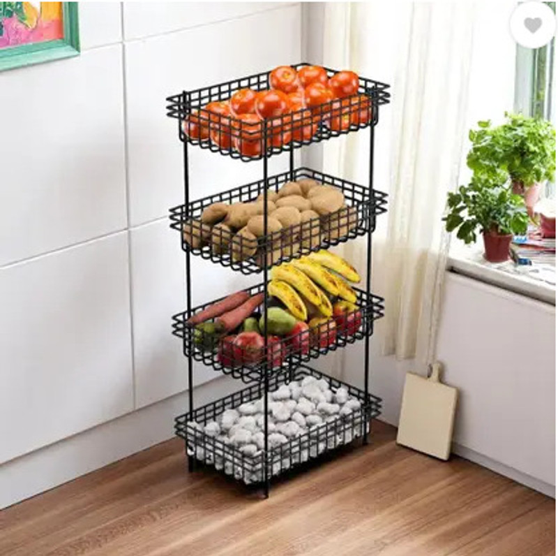ICONPLUS Black wire 4 layer trolley Iron Fruit & Vegetable Basket(Black)
