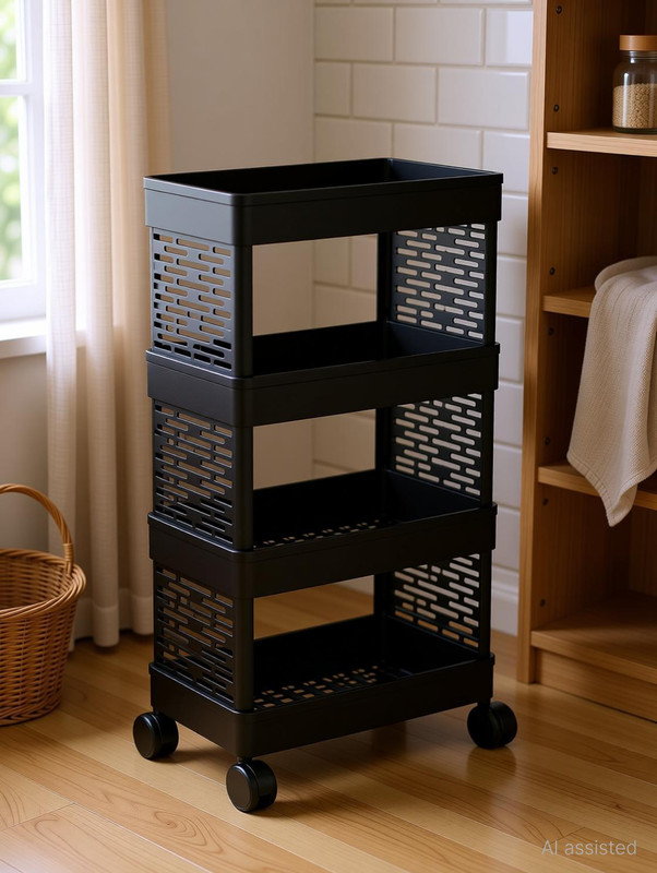 Surety for Safety Plastic 4 compartments plastic foldable trolley for spice racks With wheels Storage Basket(Pack of 1)