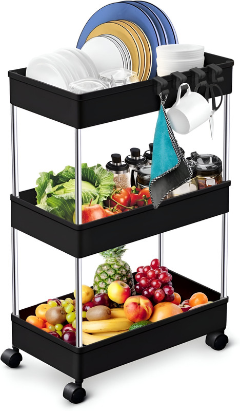 HOMANTA Fruits/Vegetables Kitchen Rack Plastic 3-Layer Rolling Storage Rack with Wheels Kitchen Storage Organizer Trolley