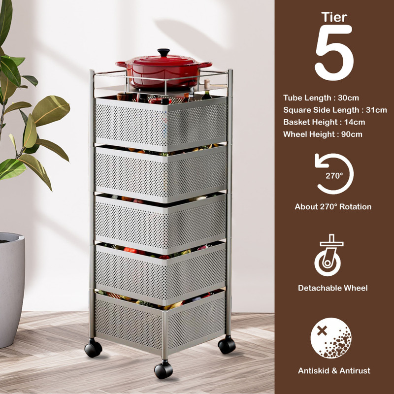 ASHLAS 5-Tier Revolving Multipurpose Storage Rack with Wheels | Silver Iron Kitchen Trolley(Pre-assembled)