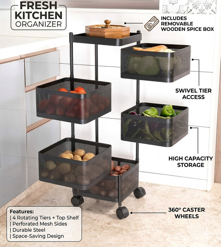 VIANINT VIANINTL VIAN 4 LAYER SQUARE KITCHEN STORAGE TROLLEY Carbon Steel Kitchen Trolley(Pre-assembled)