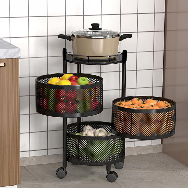 EASELIVING Easeliving 3-Layer Round Trolley with Wheels/Rotating Vegetable Kitchen Rack Steel Fruit & Vegetable Basket(Black)